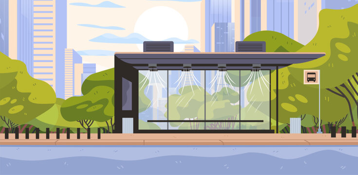 Heatwave Europe cooling bus stop urban climate adaptation modern glass shelter misting system cityscape green trees summer sun