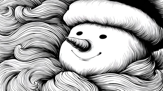 Artistic snowman illustration with detailed lines and a smiling expression