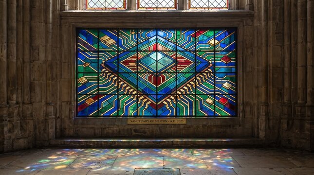 Stained glass panel depicting a high tech computer chip design in a historic window frame with processor technology computer electronic architecture cathedral colorful geometry abstract