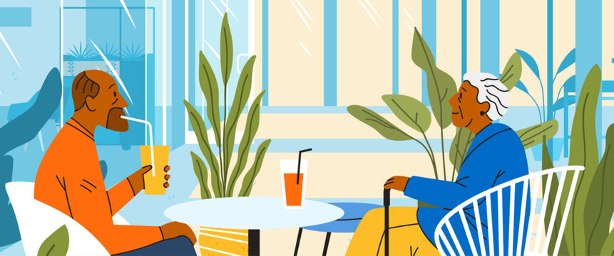 Heatwave Europe elderly people summer hydration care seniors sitting indoors drinking cold beverages surrounded by green plants modern flat design