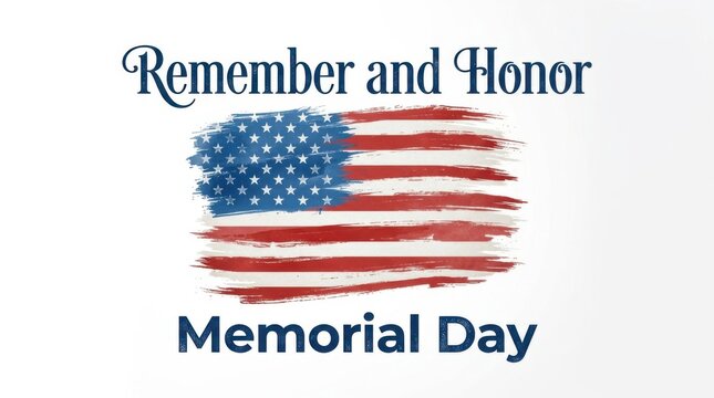 Remember and honor memorial day text with a painted american flag illustration isolated on a clean white background