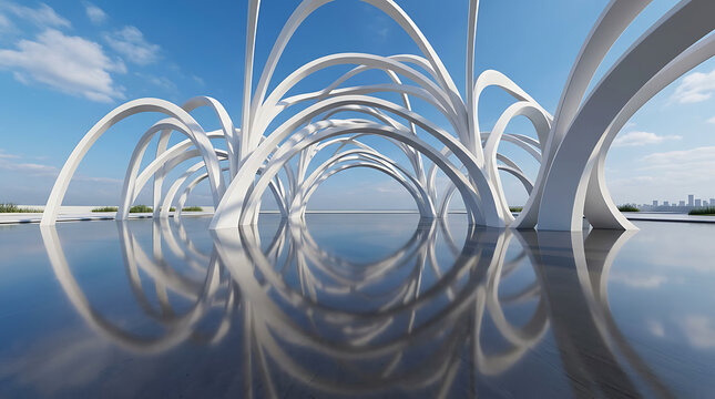 Abstract 3D blue and white architectural pattern background. Geometric spiral parametric structure under blue sky, perfect for modern corporate presentations and real estate