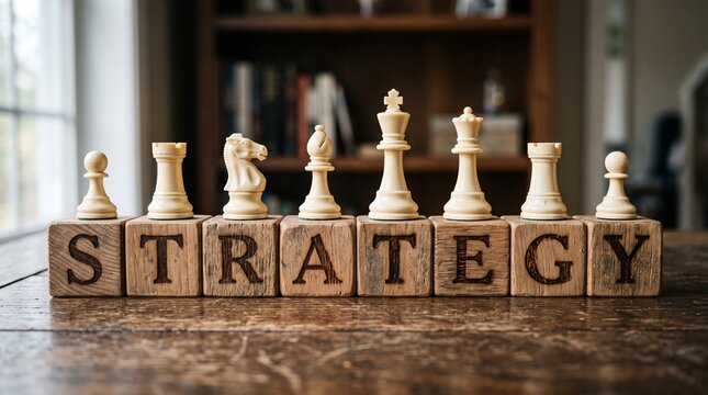 Chess Strategy Concept: A close-up of white chess pieces meticulously arranged on wooden blocks spelling out STRATEGY, symbolizing intellectual challenges and strategic planning.