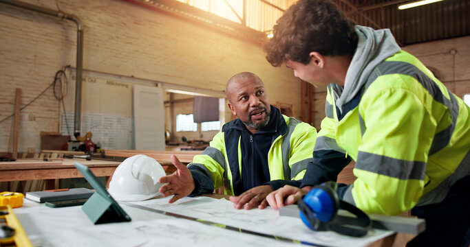 Carpentry, advice and blueprint with people in warehouse for engineer report, manufacturing and team. Woodworking project, collaboration and contractor with employees in workshop for feedback
