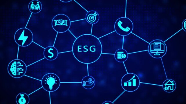 Digital mind map infographic explaining ESG environmental social governance concepts with glowing neon blue on a dark dotted background symbolizing interconnected business principles