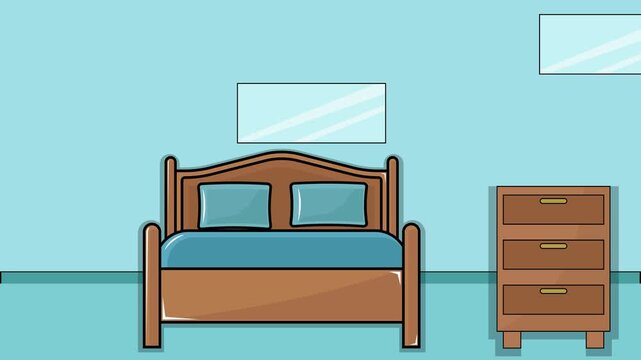 bedroom scene with a wooden bed animation backgrounds video . Chest of Drawers Pillows and Blanket Home Interior for furniture 2d animated footage motion graphic illustration design