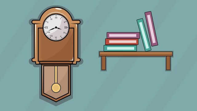 antique grandfather clock animation backgrounds video . Bookshelf Home Library Time and Reading Vintage Furniture Classic Decor for furniture 2d animated footage motion graphic illustration design