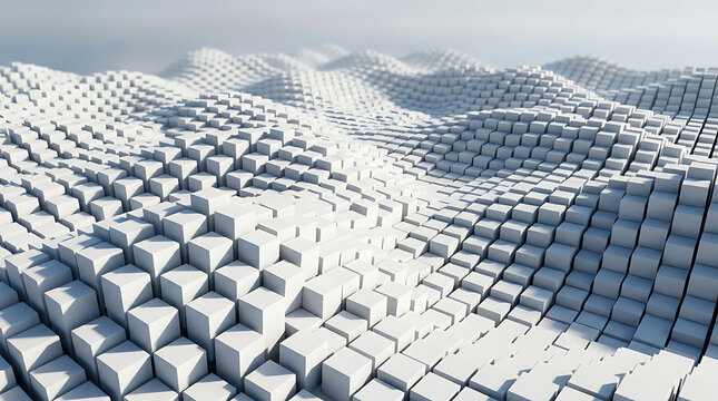 Abstract 3D render of a waving landscape made of repeating white geometric cubes with clean shadows. Ideal for crypto, tech, and data science