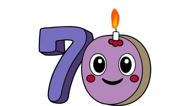 70th Anniversary Celebration. Anniversary date animation with a cartoon character, alpha channel. Cartoon