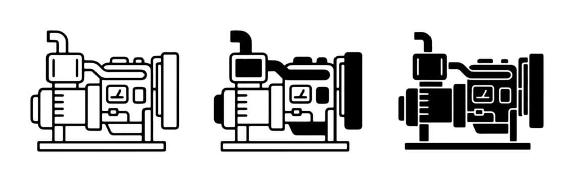 Diesel Generator Icons, Portable Power Unit Vector Set, Compact Engine Machine Graphics