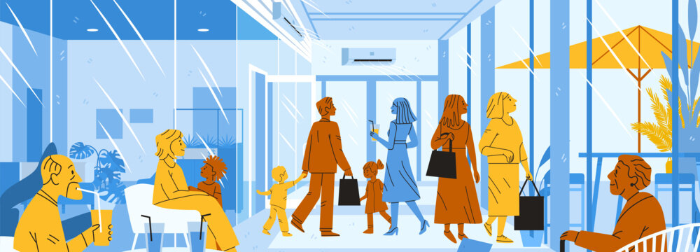 Heatwave Europe cooling center people escaping extreme summer indoor air conditioning diverse families seniors drinking relaxing modern public space