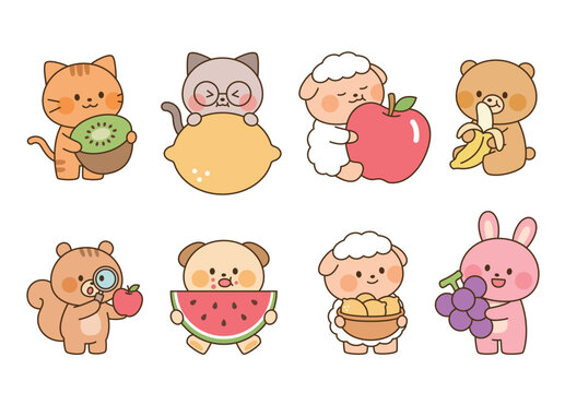 Cute kawaii animal characters holding fresh fruits including kiwi, lemon, apple, banana, watermelon, grapes and peaches in flat vector style.