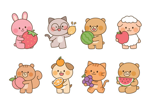 Cute animal characters holding fresh fruits including strawberry, lemon, watermelon, apple, peach, orange and grapes in kawaii flat vector style.