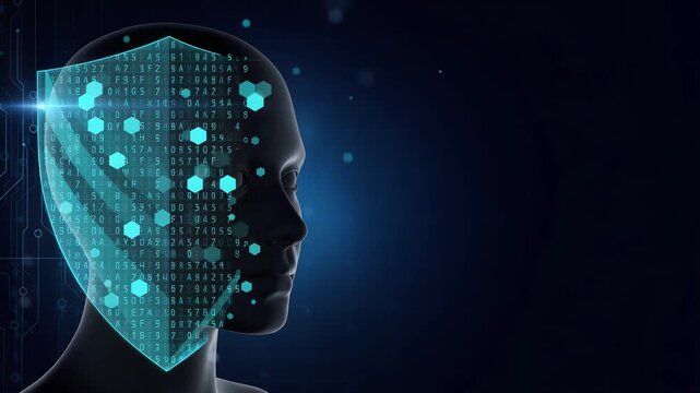 Cyber security concept with 3d human head silhouette covered by glowing digital shield with binary code and hexagons on dark background