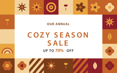 Naklejka premium Retro Autumn Cozy Season Sale Banner, Geometric Fall Floral Frame with 70 Percent Off Text, Warm Earth Tone Promotional Vector Background