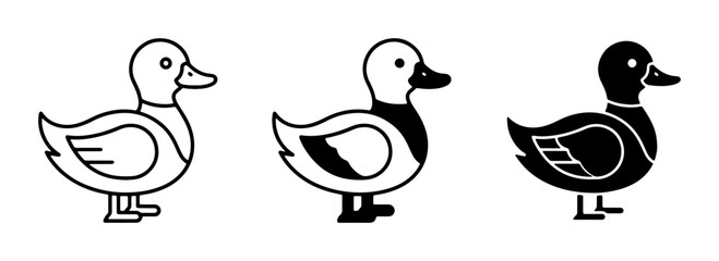 Fototapeta premium Three Duck Icons, Vector Graphics: Simple Line Art, Silhouette, and Filled Styles for Wildlife and Nature Designs