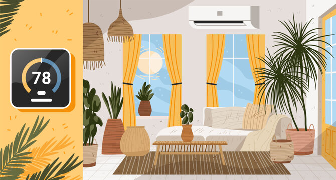 Heatwave Europe smart thermostat modern living room air conditioning sun shining through windows indoor plants cozy summer home