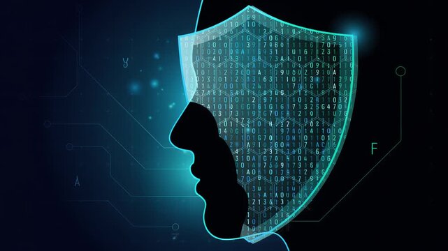 Cyber security concept with dark human face profile silhouette covered by glowing digital shield with binary code and hexagon grid background