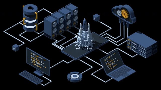 3D isometric business startup animation. Business startup team launching rocket with computer and server. Startup your project. Launch concept. Transparent background with alpha channel
