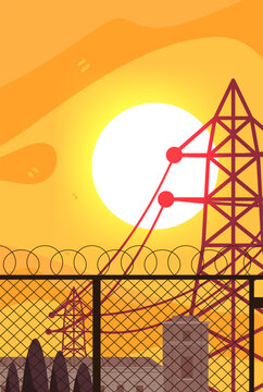 Heatwave Europe heatwave blackout electricity pylon sun intense orange sky power station security fence summer crisis energy