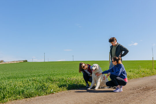 Three Smiling Friends Petting a Maremma Sheepdog During a Countryside Walk