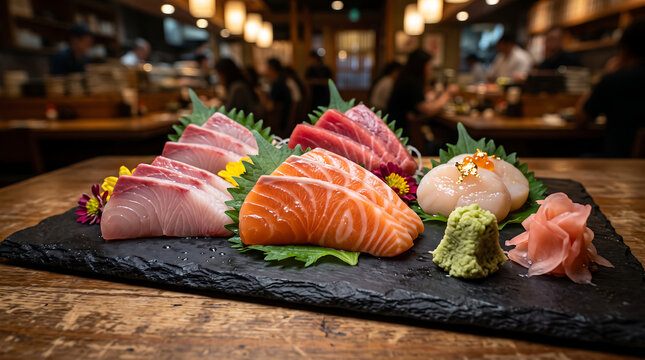 Fresh sashimi platter on black slate. Raw fish slices served in a Japanese restaurant.