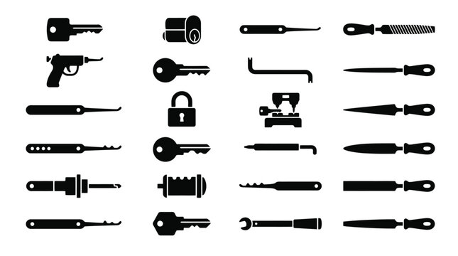 Locksmith and Key Cutting Tools Vector Icon Set, Lock Pick Set Padlock Cylinder File Tension Wrench Collection Isolated on White Background for Security Service Brand Logo Design