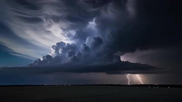 Epic cinematic thunderstorm with powerful lightning strikes and dramatic storm clouds over a dark landscape at night