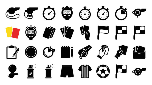 Soccer Referee and Football Match Equipment Vector Icon Set, Whistle Stopwatch Red Yellow Cards Referee Uniform Linesman Flag Collection Isolated on White Background for Sport Match Brand Logo Design