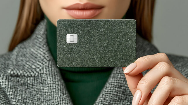 Luxury lifestyle featuring an anonymous businesswoman holding a blank premium credit card with soft studio lighting and generous copy space, ultra realistic photography