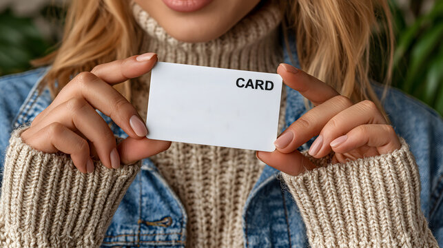 Close up of a stylish woman presenting a blank premium credit card in a contemporary financial lifestyle environment, clean background, photorealistic stock photography