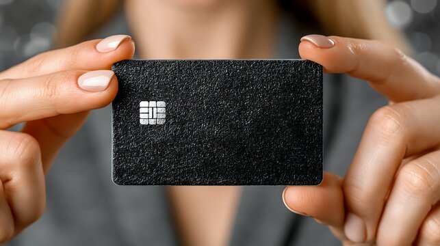 Modern financial technology concept showing a confident professional woman presenting a blank payment card with abstract digital background, ultra realistic commercial photography