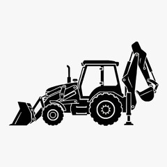 Naklejka premium Modern Black and White Line Drawing of a Backhoe Loader with Bucket and Arm Extended Silhouette Style