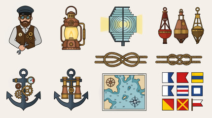 Steampunk Nautical Icons Set: Lighthouse Keeper, Lantern, Anchor, Binoculars, Buoys, Knots, Map, Signal Flags, Vector Illustration © Sugiyo