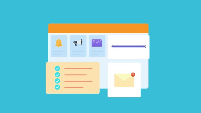 Flat vector animated email marketing dashboard featuring notifications, messaging, campaign analytics, task management, and workflow interface. Ideal for business, communication, and technology motion