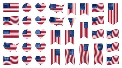 Obraz premium Set of american flag icons in various shapes including wavy rectangles hearts circles and united states map silhouettes