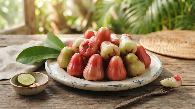 Freshly Picked Rose Apples in a Rustic Bowl with Lime and Leaves, Tropical Fruit Harvest for Healthy Eating and Refreshment