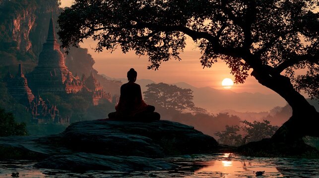 Zen inspired landscape with ancient temple pagodas, Buddha statue silhouette and soft golden sunrise, calm wellness concept, realistic stock image