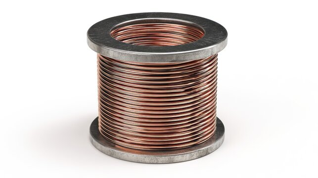 Close up of a copper coil with metallic frame on a white background