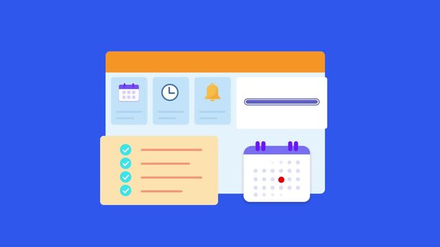 Flat vector animated team management dashboard featuring user profiles, calendar scheduling, notifications, analytics, and workflow interface. Ideal for business, collaboration, and productivity motio
