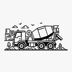 Fototapeta premium Minimalist Black and White of Concrete Mixer Truck in Urban Construction Scene with Buildings and Trees