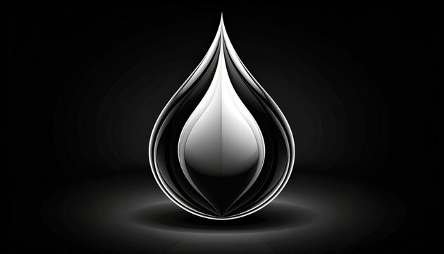 Glossy monochrome liquid droplet illustration with metallic reflections and smooth contours on a dark background representing oil or essence