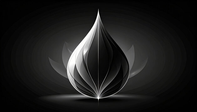 Minimalist Abstract Monochrome Drop Design Featuring Elegant Symmetrical Petal Layers and Glowing Translucent Light Effects