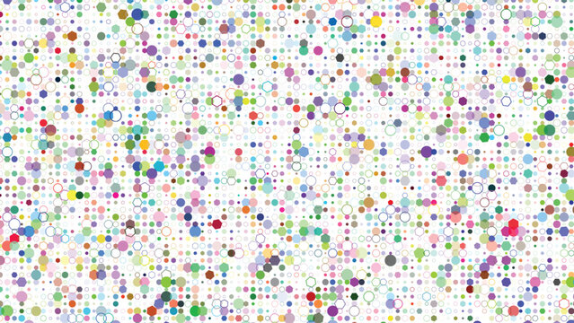 Contemporary artistic arrangement displaying a scattered collection of small colorful hexagons and circles on a bright surface