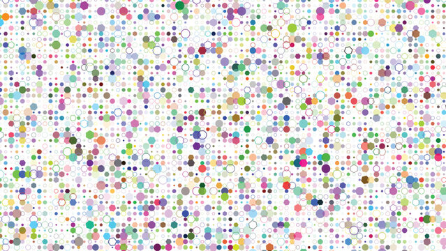 Modern abstract pattern showcasing an energetic array of countless small colorful circles and hexagons scattered across a light surface