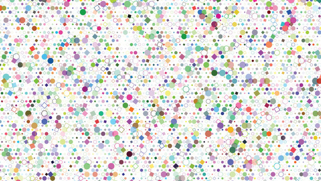 Diverse array of small colorful geometric shapes including circles squares diamonds and hexagons forming an active energetic abstract pattern