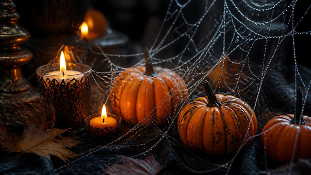 Pumpkins With Candles and Cobwebs | Dark Halloween Still Life Background | Spooky Autumn Decoration With Spider Webs