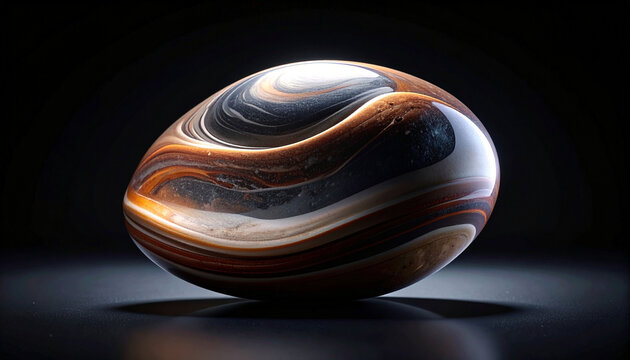 Polished Agate Stone Egg with Swirling Orange and Black Mineral Patterns on Dark Background