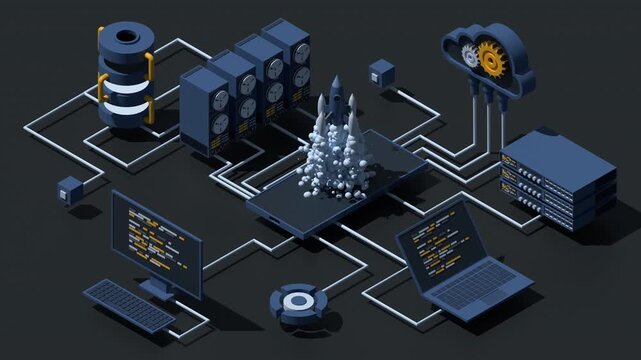3D isometric business startup animation. Business startup team launching rocket with computer and server. Startup your project. Launch concept. 4K video animated in isometric style