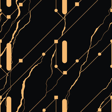 Luxury Black Marble Seamless Vector Background with Gold Geometric Accents